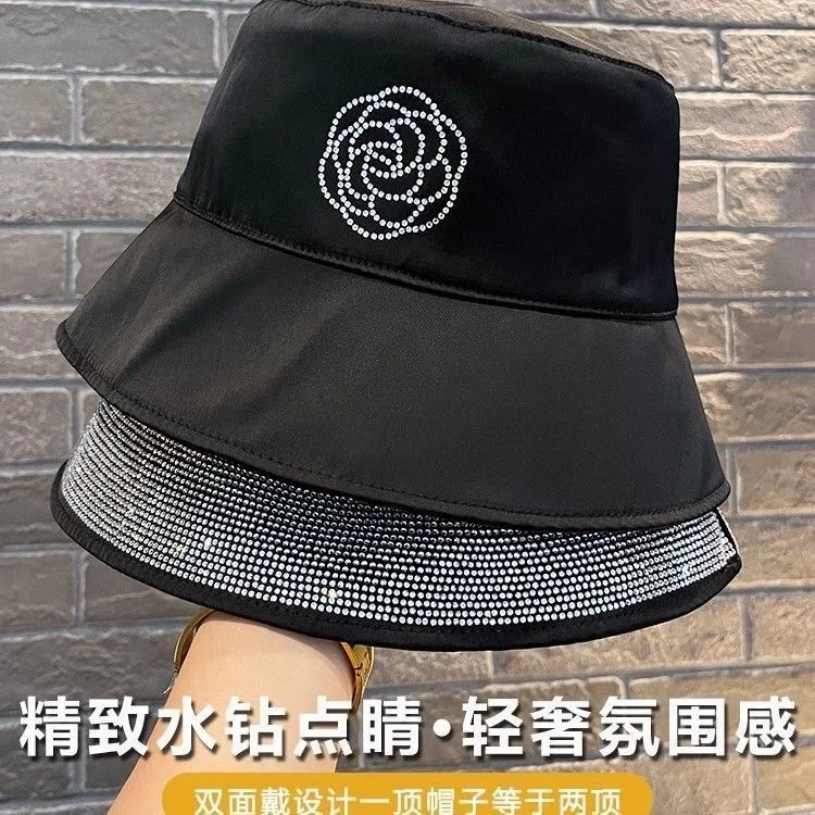 优雅黑色百搭渔夫帽子女2025新款韩版时尚重工水钻双面戴盆帽