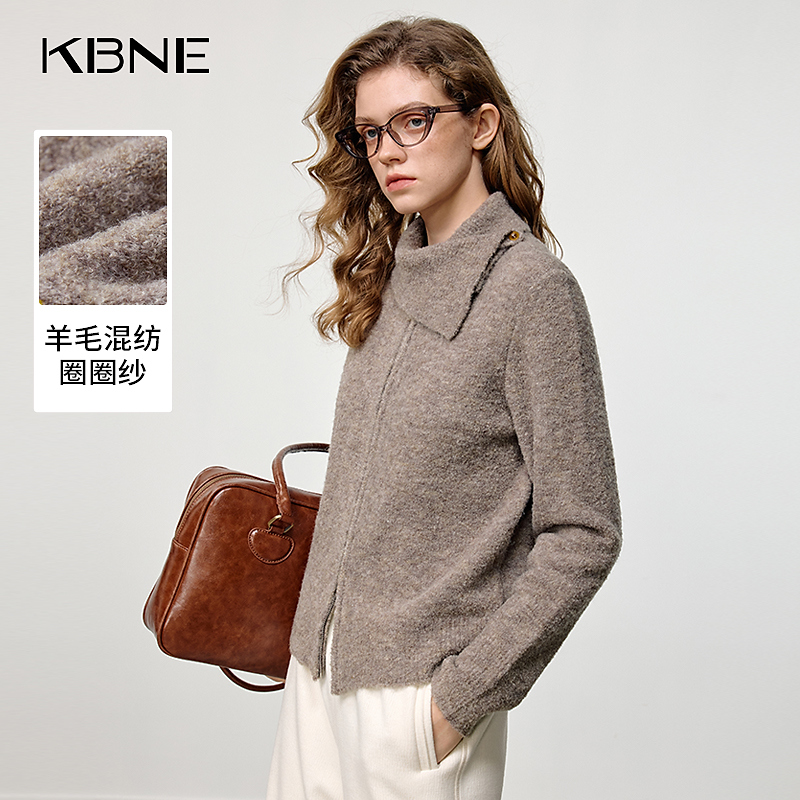 KBNE针织衫女款爆款2025新款羊毛混纺圈圈呢翻领毛衣女慵懒风上衣