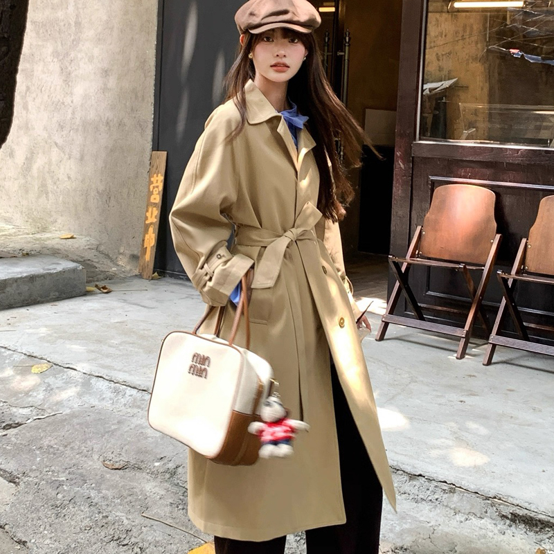 【25093】英伦风立领中长款外套系带收腰显瘦风衣外套女