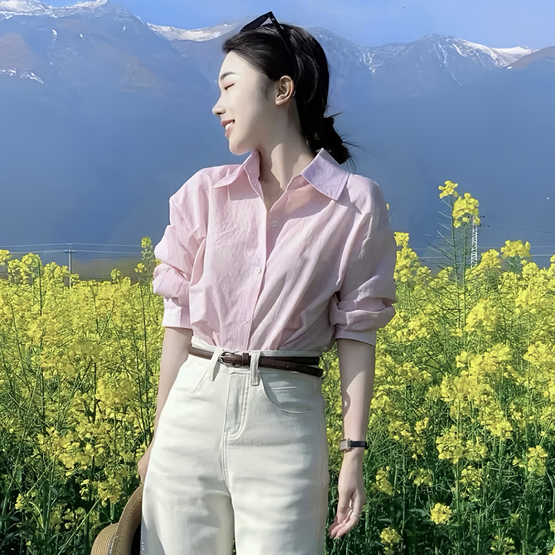 秋冬轻奢小众炸街高级感女装淡粉色衬衫女款外穿洋气长袖显瘦衬衣