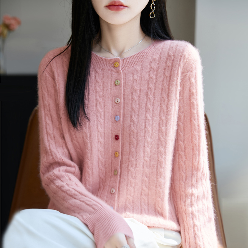 彩扣扭花新款~100%纯羊毛衫女开衫秋冬新款气质显瘦百搭针织圆领