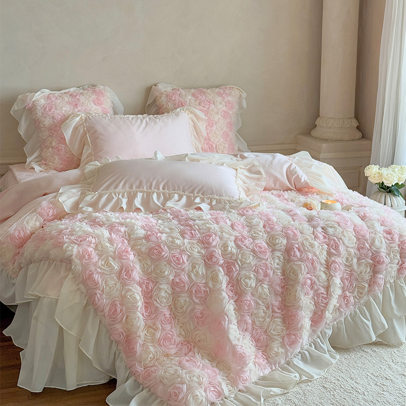 皇后娘娘春夏新款公主风高端棉床盖四件套少女心立体玫瑰纯棉被套