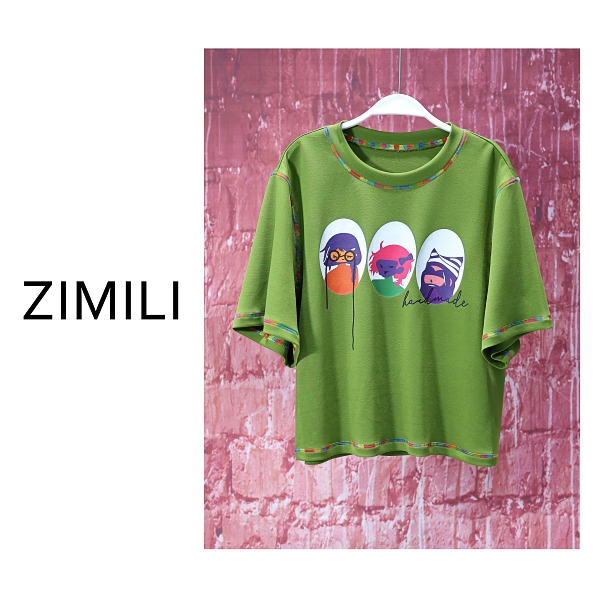 【亮哥女装】2025欧版《枝丫》牛油果绿简约印花高克重短袖9123-C3