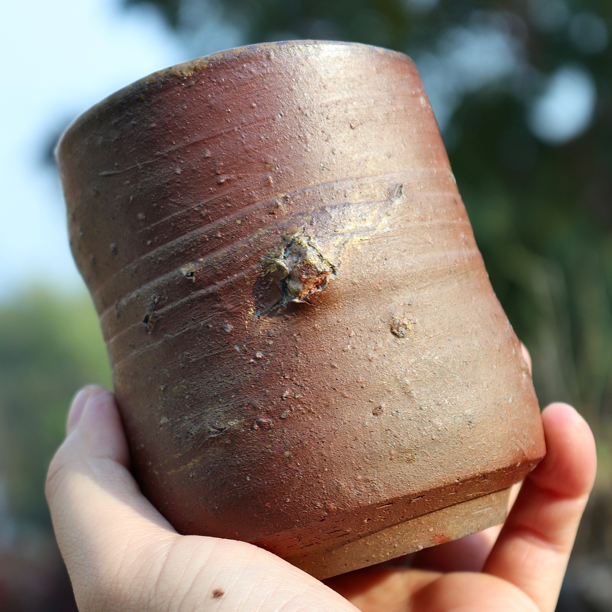 日本备前烧金重陶阳汤吞大杯 超大石爆全品有防渗水老金缮已去除