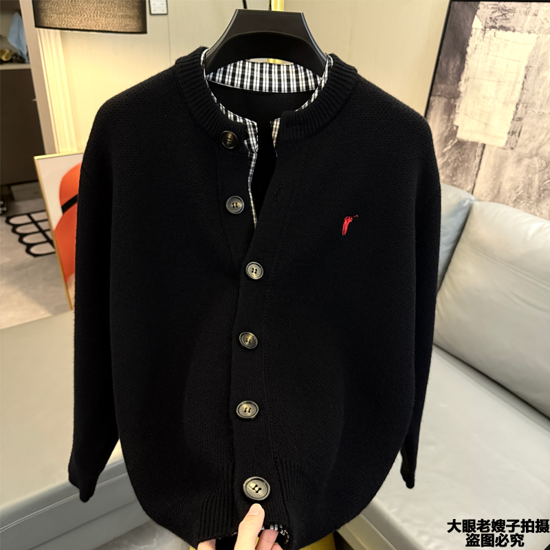 衬衫领假两件针织开衫男秋冬季新款毛衣外套男装外搭潮流休闲刺绣
