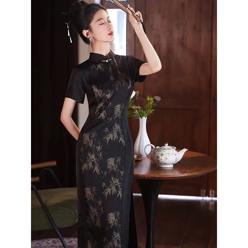 067-【黑竹】气质 醋酸 改良 旗袍