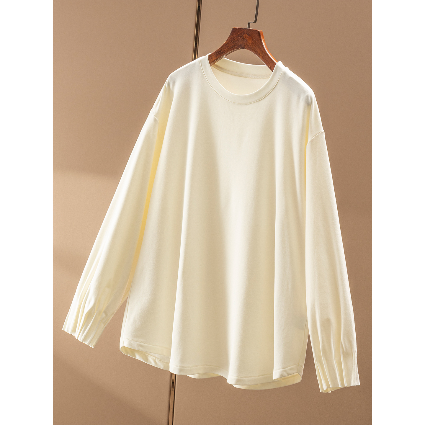 春天家 钢琴褶袖 法柜优可丝天丝羊毛磨毛圆领打底T恤女20J5 特