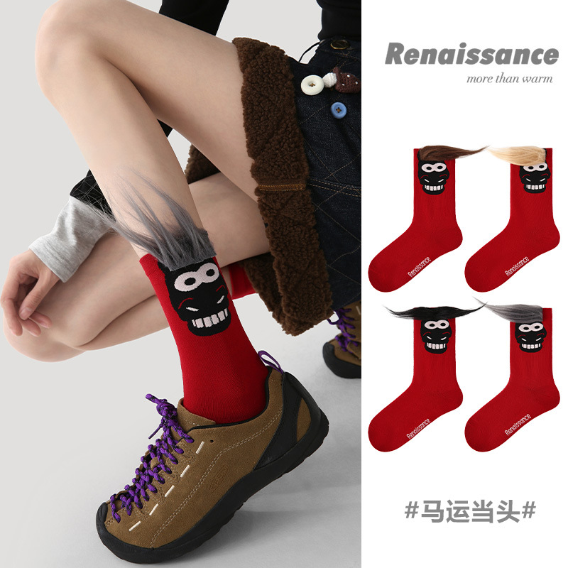 Renaissance马年2026年本命年袜子女款秋冬中筒袜新年喜庆大红袜