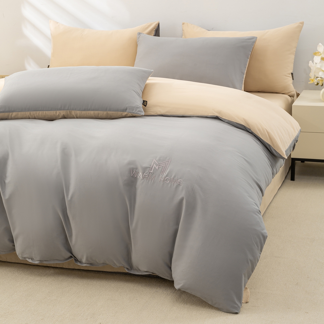 加厚全棉轻奢休闲简约纯色双拼家纺床上用学生宿舍纯棉刺绣四件套