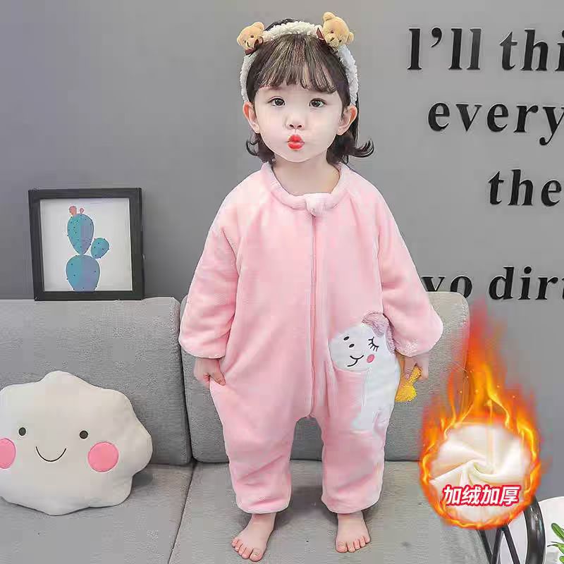 连体睡衣秋冬季法兰绒珊瑚绒加绒加厚防着凉婴儿宝宝家居服睡袋
