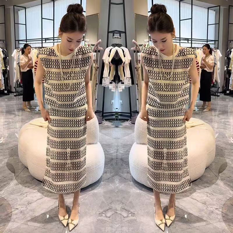 爆款套装裙韩系减龄优雅港风条纹砍袖镂空马甲半身裙