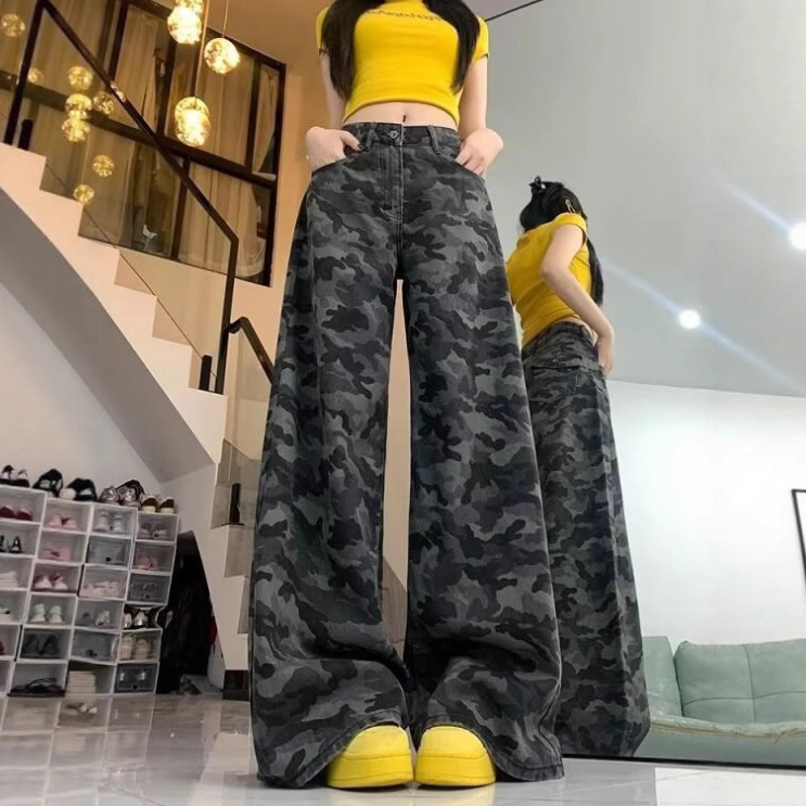 美式复古迷彩工装牛仔裤女春秋新款辣妹高腰宽松显瘦大码阔腿裤子