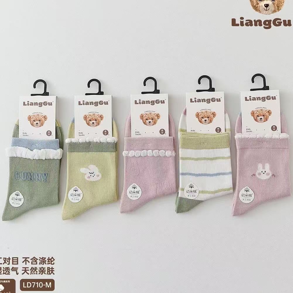 良谷童袜24秋季新款无骨缝头幼朵棉女童学生女宝薄款粉绿花边小兔