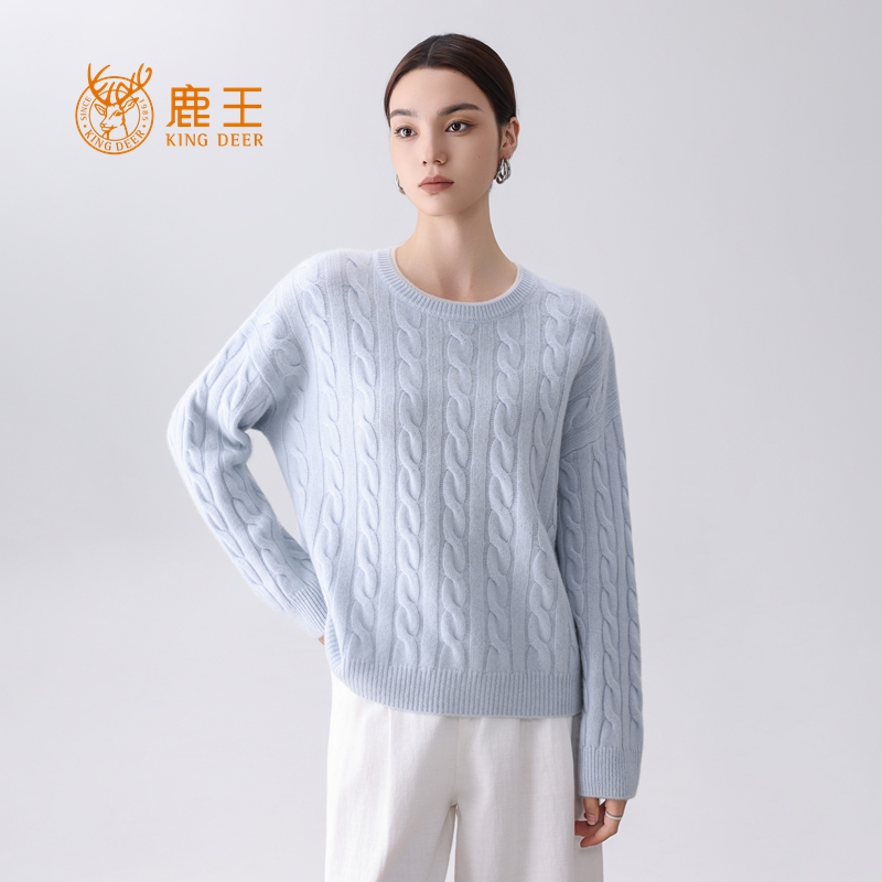 【设计师款】鹿王女圆领100山羊绒绞花宽松休闲套衫 加厚 XM5191