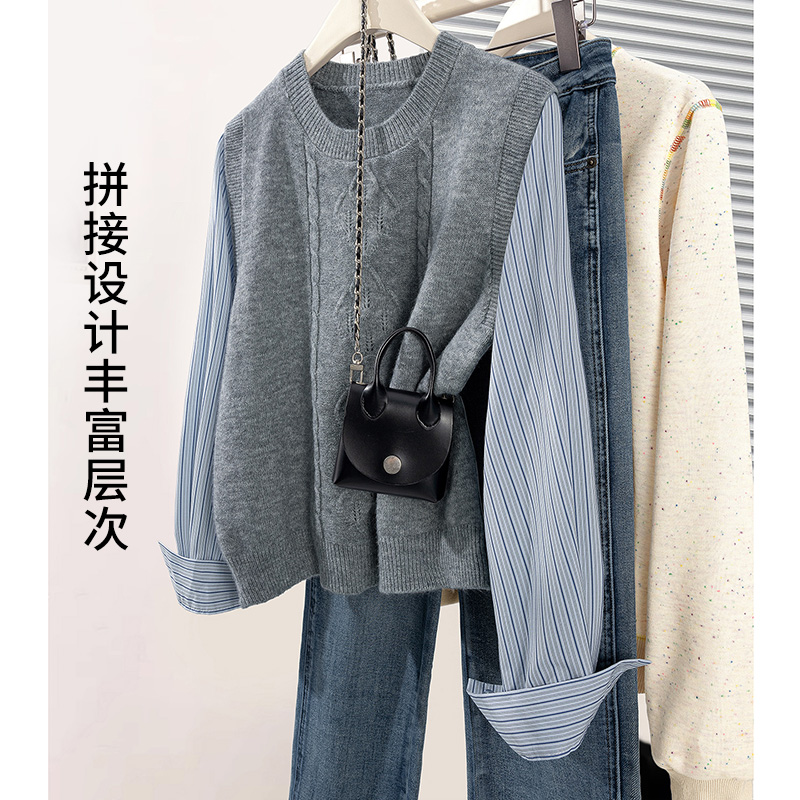 丝柏舍2025秋装新款女装时尚宽松款拼接短款圆领针织衫S53P0102Z