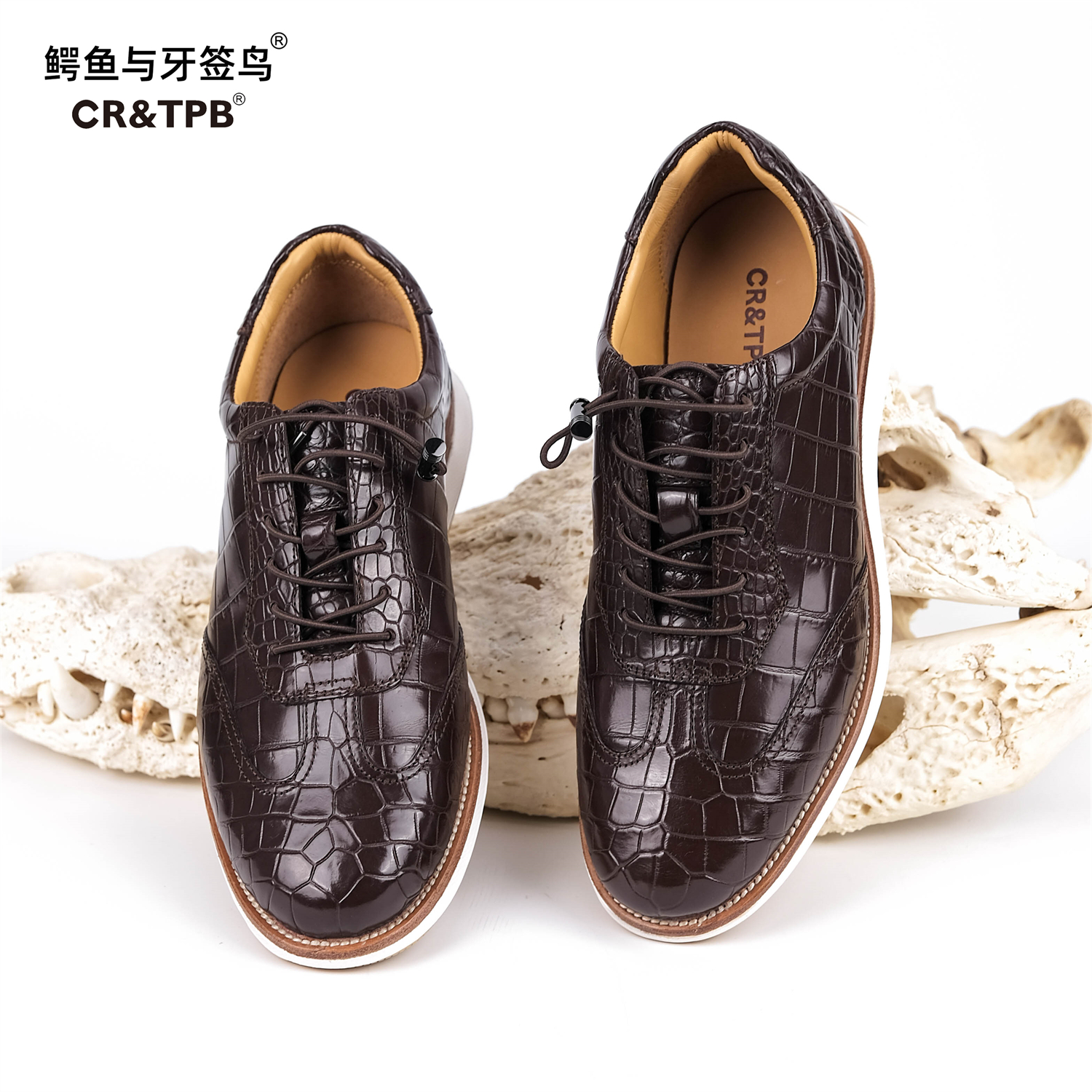 鳄鱼与牙签鸟断码清库存 鳄鱼全鳄真皮肚皮男皮鞋系带 棕色 413B