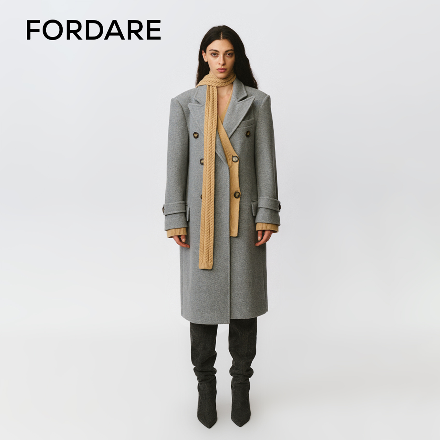 FORDARE 福蝶 25冬季新品 毛织解构拼接围巾羊毛大衣秋冬羊绒1106