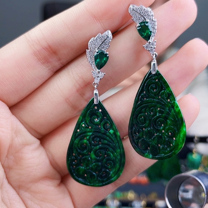 翡翠耳饰银S925镶嵌饰品