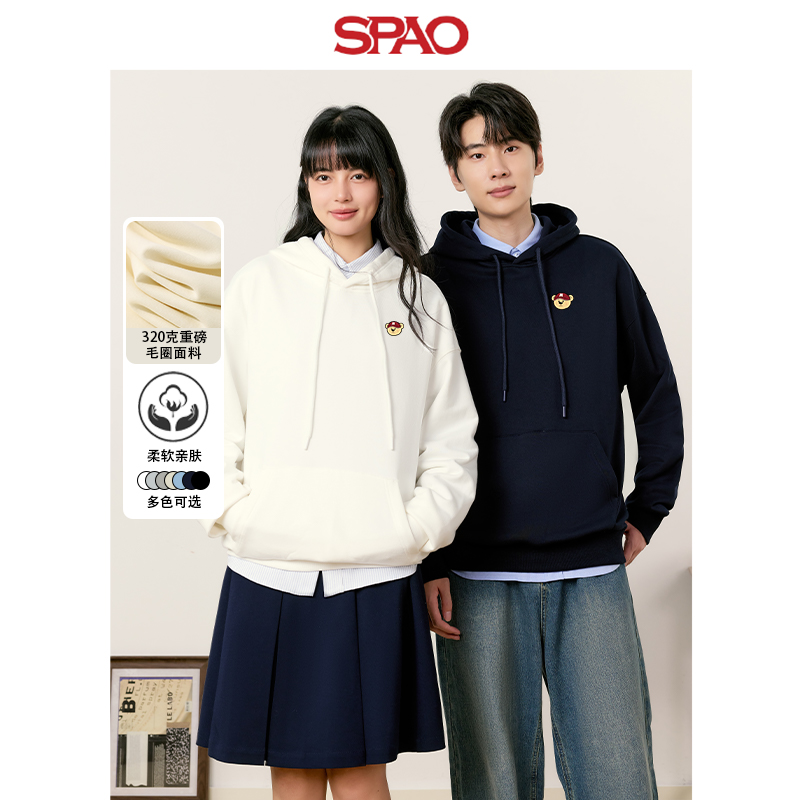 SPAO韩国男女同款小熊印花重磅卫衣2025春秋新款连帽情侣装外套ZL