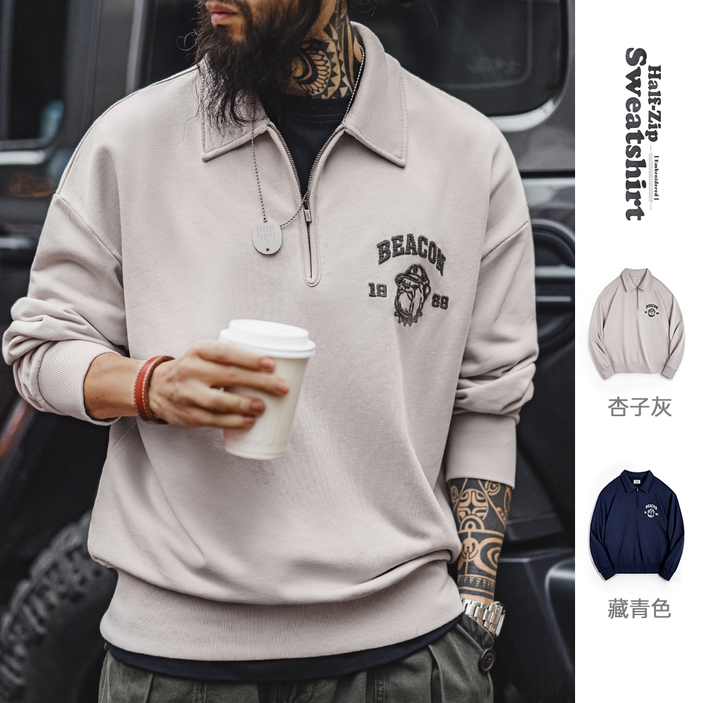 马登工装美式复古立体刺绣半开襟卫衣休闲翻领套头polo衫上衣男春