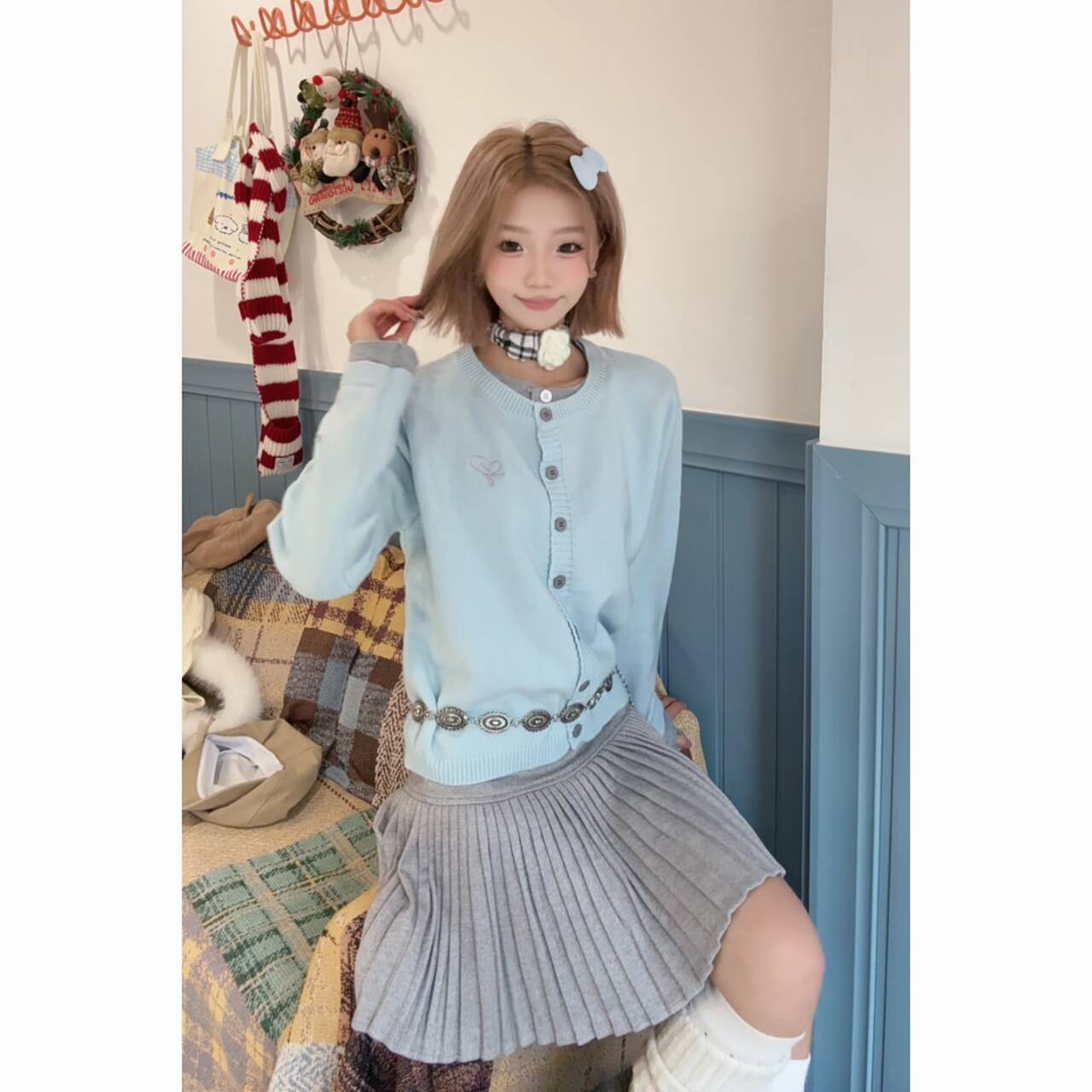 韩撞色甜美开衫针织秋季小众针织衫薄款秋冬毛衣长袖套装