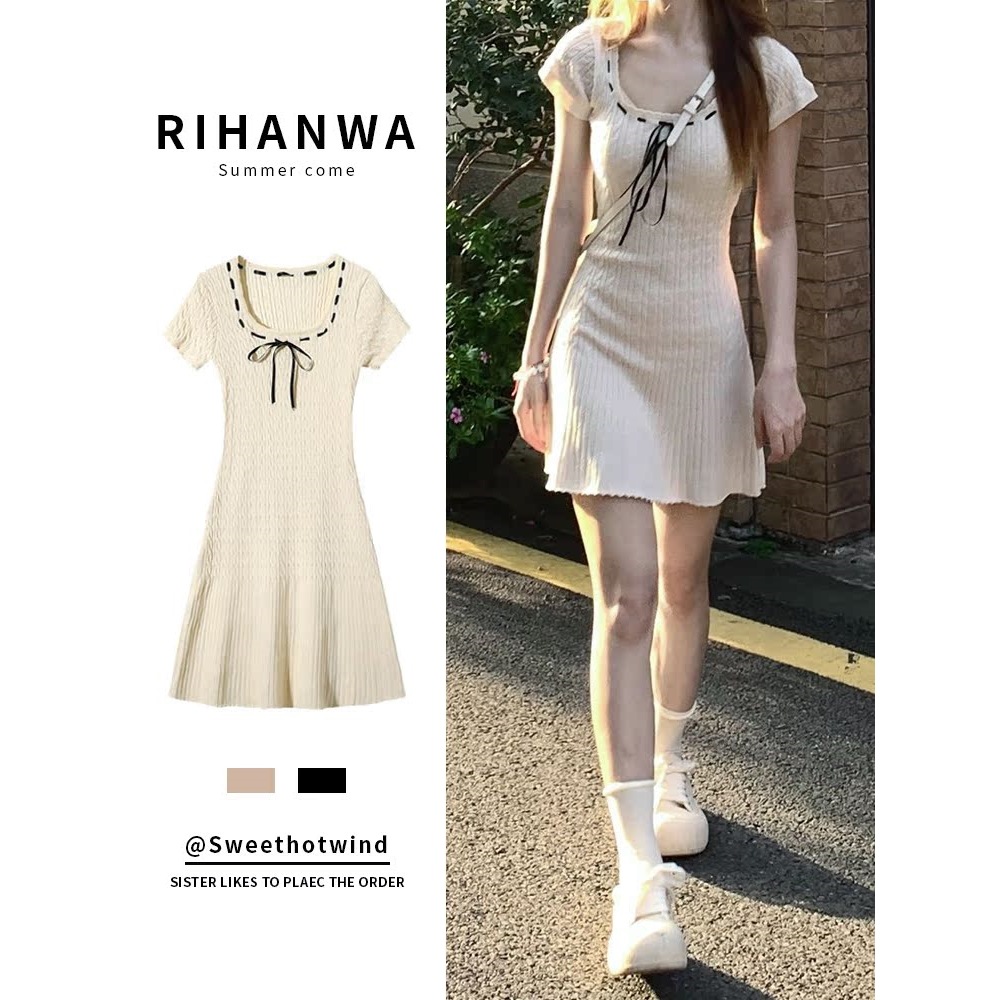 新款学院风纯欲辣妹冰丝针织绞花连衣裙小个子修身显瘦气法式裙子