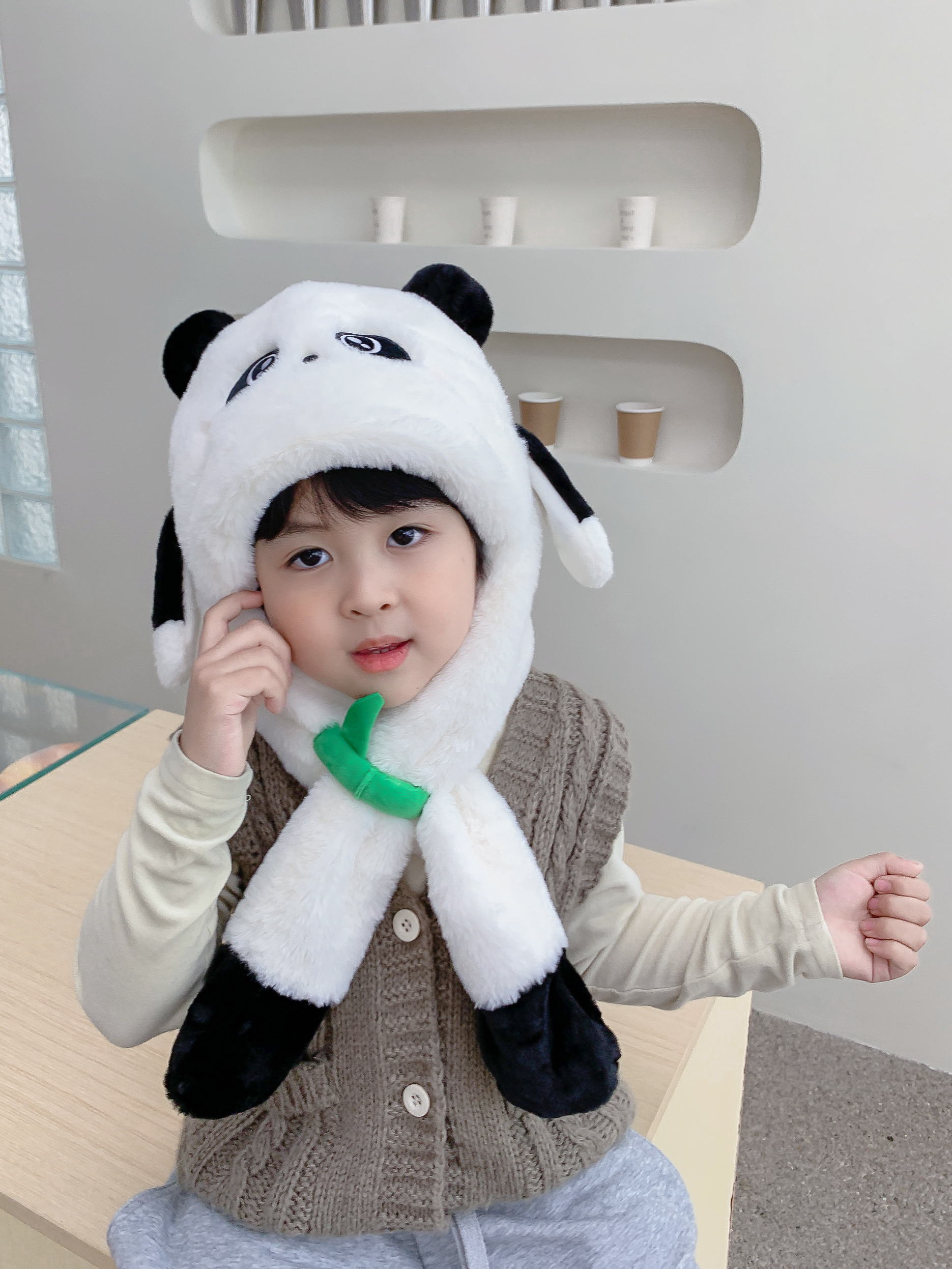韩版圆顶卡通风可爱休闲风女帽子宝宝毛绒帽围巾帽帽加厚秋冬冬季