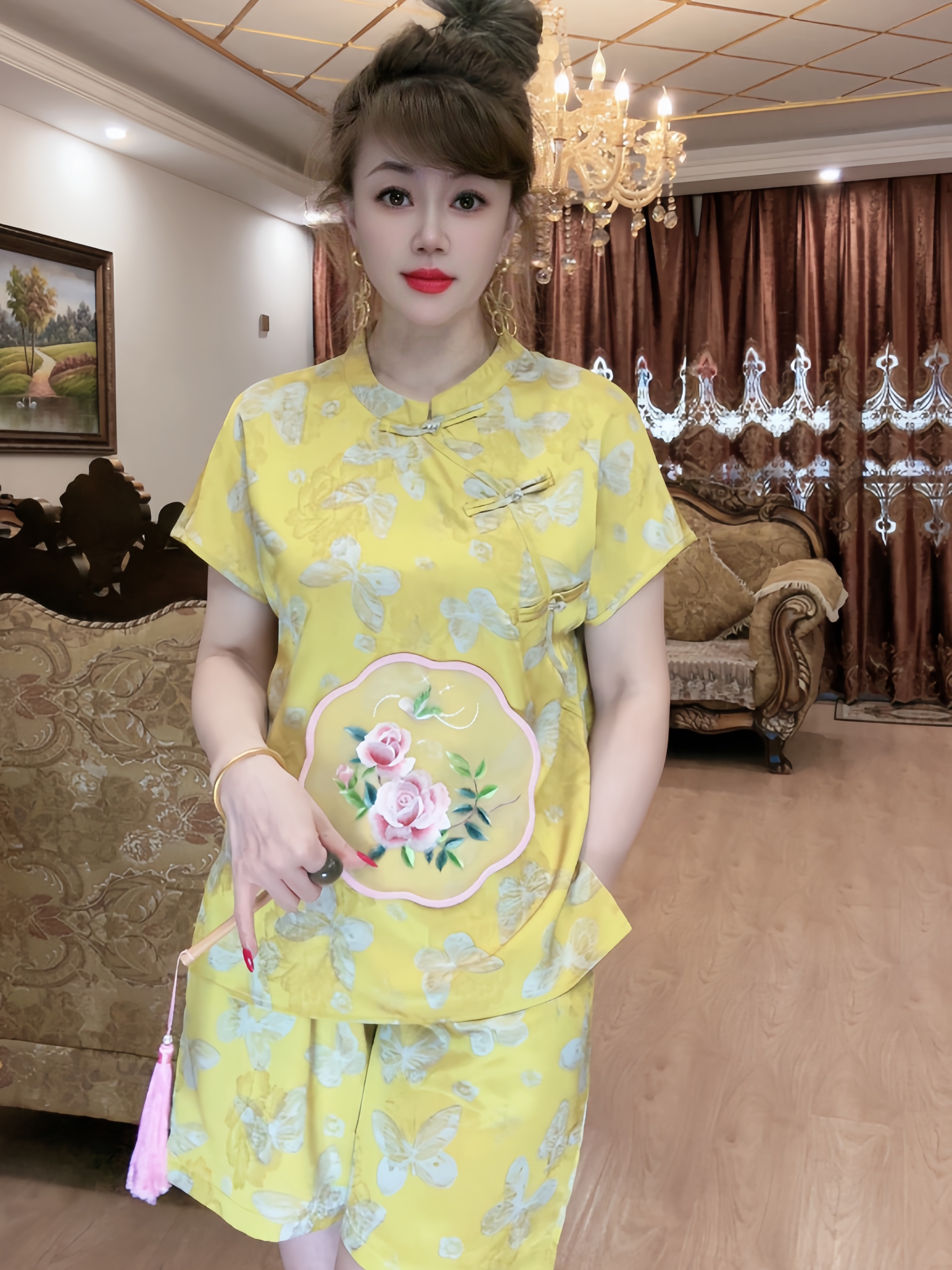 ［新品上架］新中式印花时髦夏季小立领开叉短袖小衫插兜短裤套装