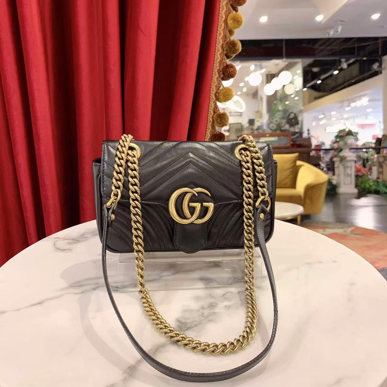 95新 GUCCI/古驰 GGS马蒙小号黑色金扣牛皮单肩包 59963073
