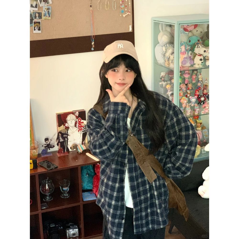 韩系黑色磨毛格纹防晒衬衫女2025新款别致休闲显白防晒衬衣ins潮