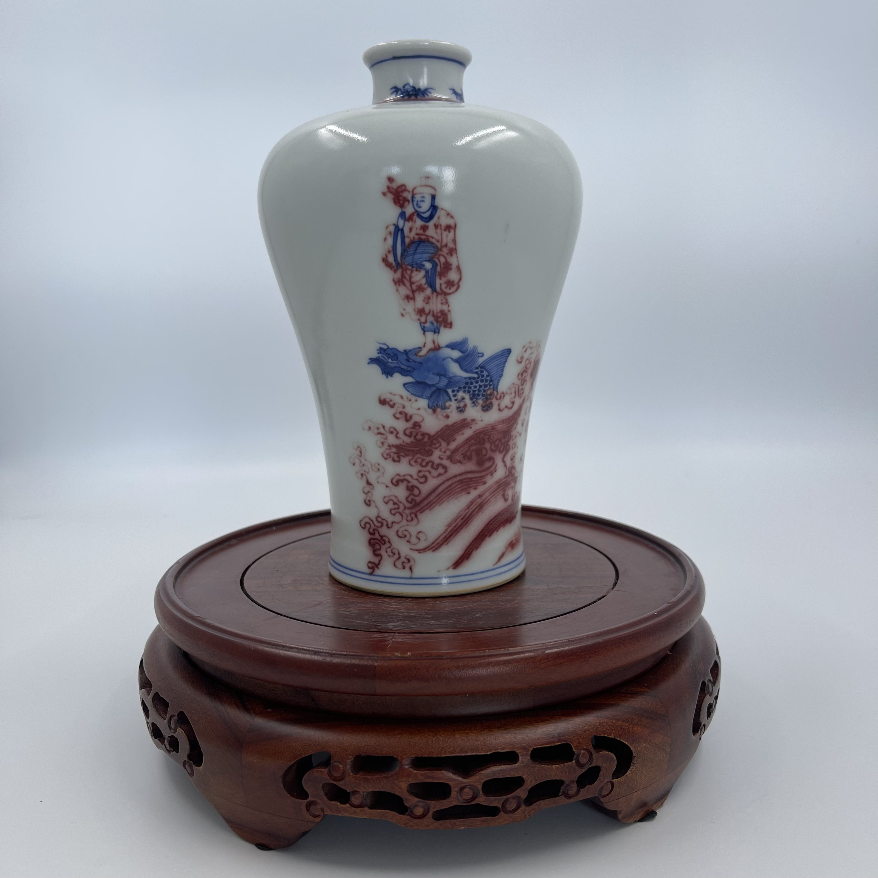青花釉里红 独占鳌头 梅瓶   高17.6公分 口径10.5公分 全品  