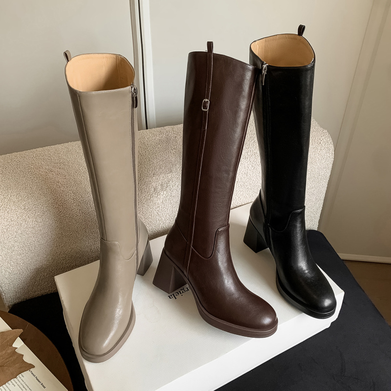 牛皮/跟高7.5cm/34-41 秋季新款长靴女厚底圆头高跟骑士靴粗跟高