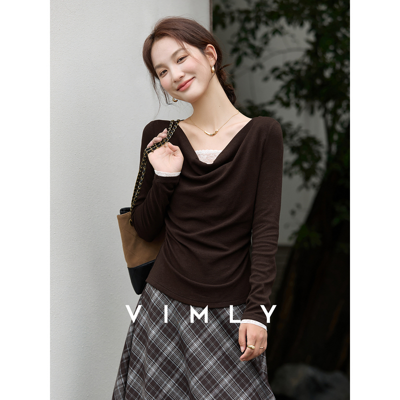 梵希蔓棕色蕾丝荡领针织t恤女秋季新款收褶修身显瘦打底上衣A3360
