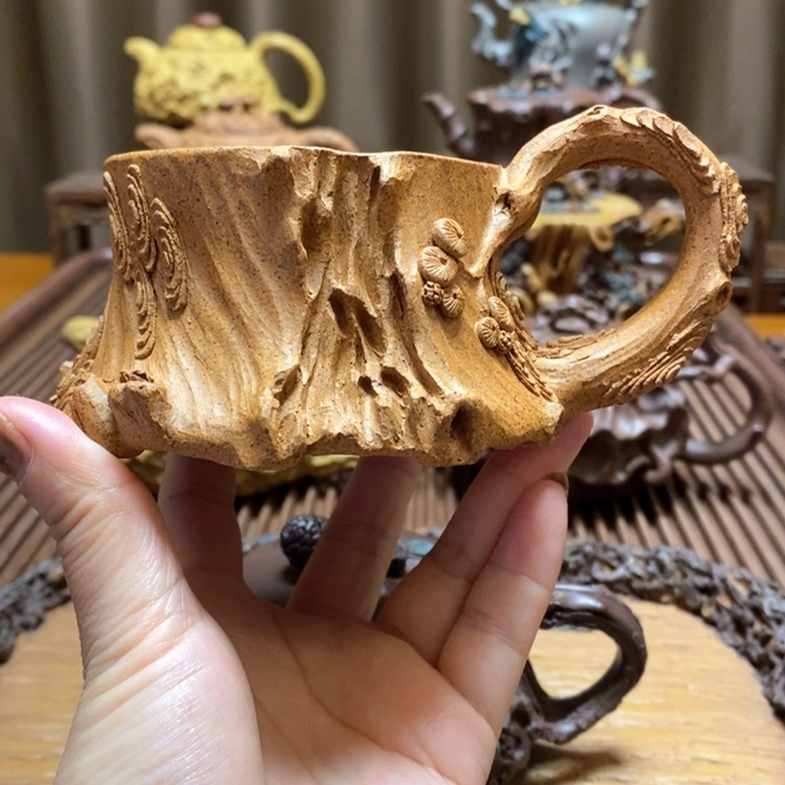 紫砂茶壶全手工制作共生料松桩杯