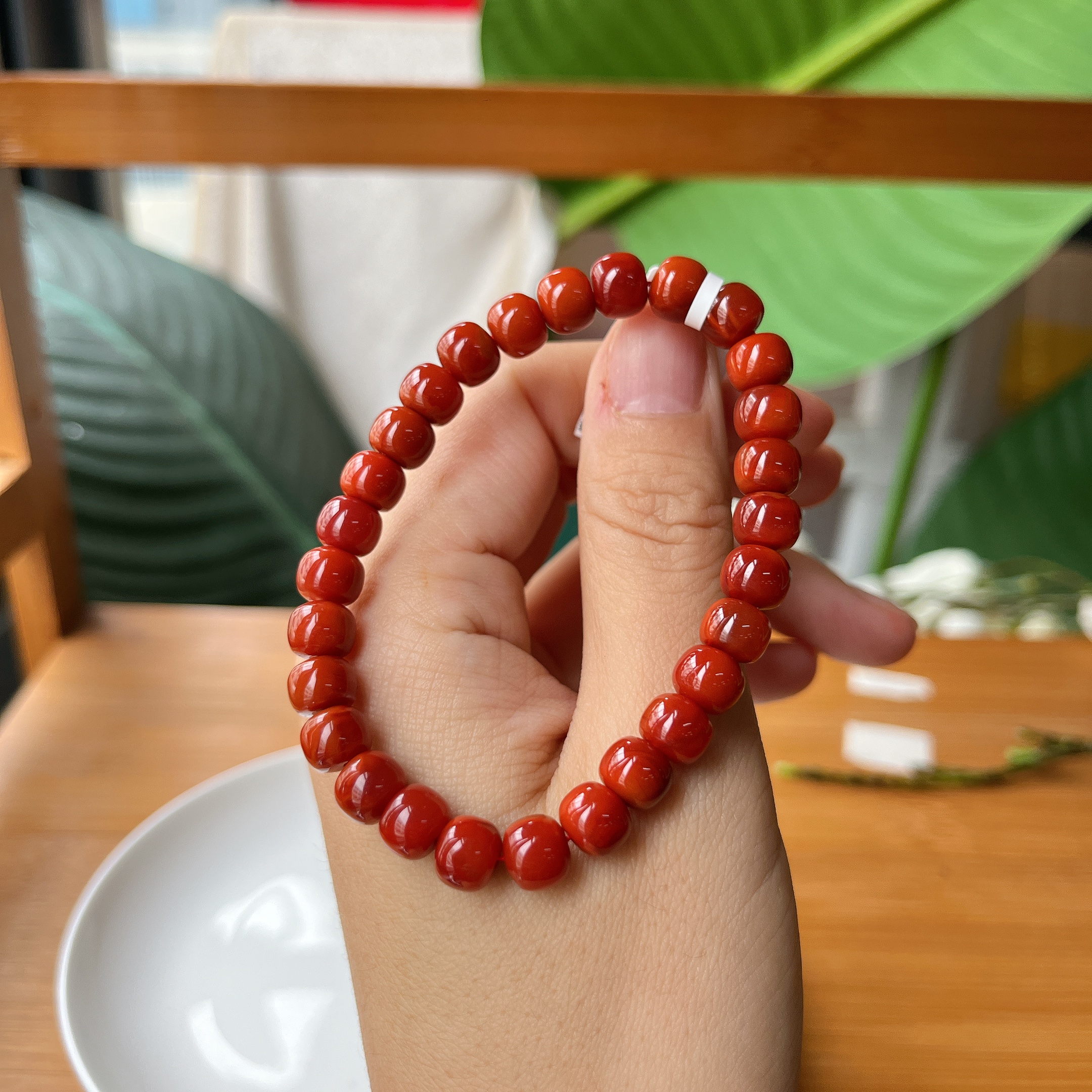 【郭老师】约7-8mm瓦西料满色满肉柿红南红老型珠单圈手串