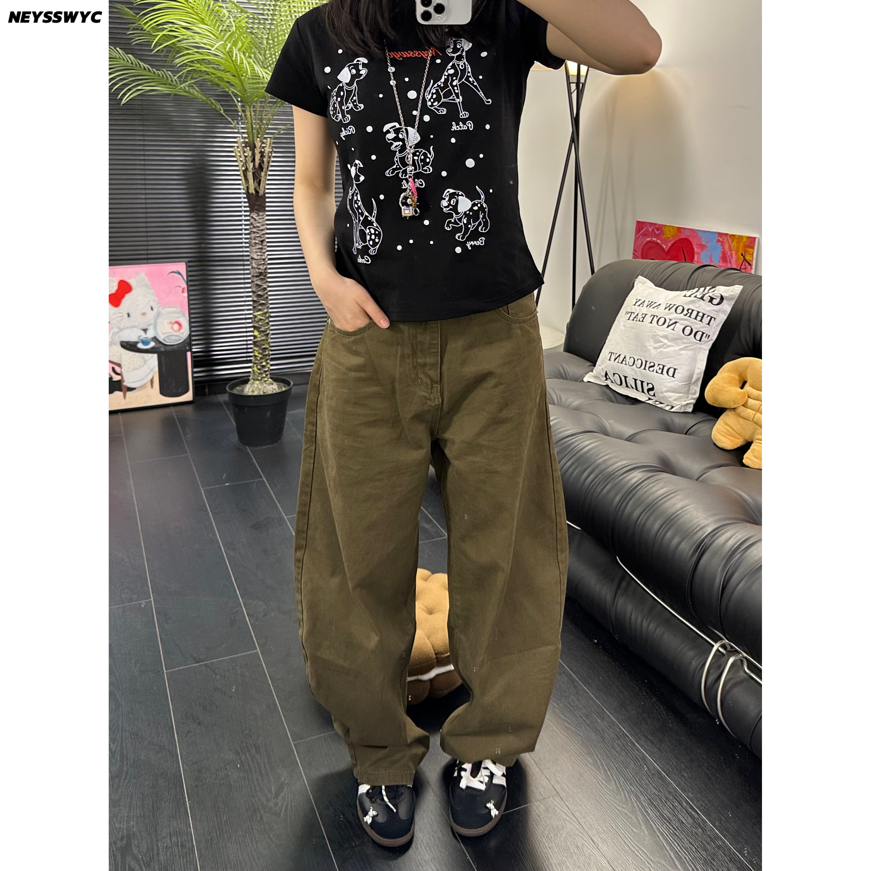 NEYSSWYC 咖色垂感百搭休闲宽松弯刀裤男女同款小众牛仔长裤