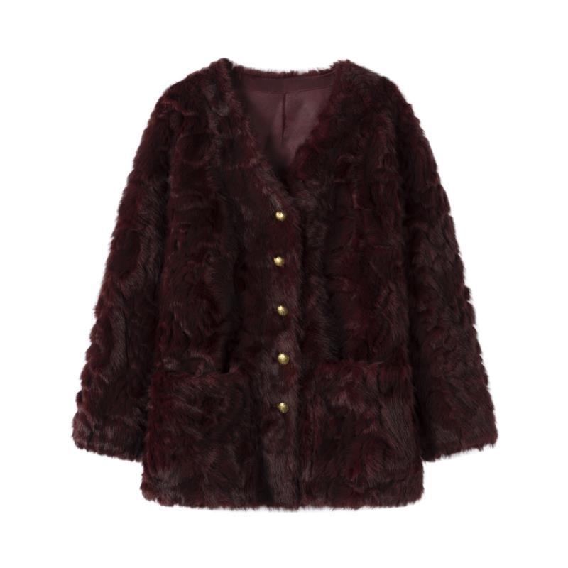 【小宇】老钱风V领毛毛外套2025秋冬新款女装保暖轻奢气质红色大衣