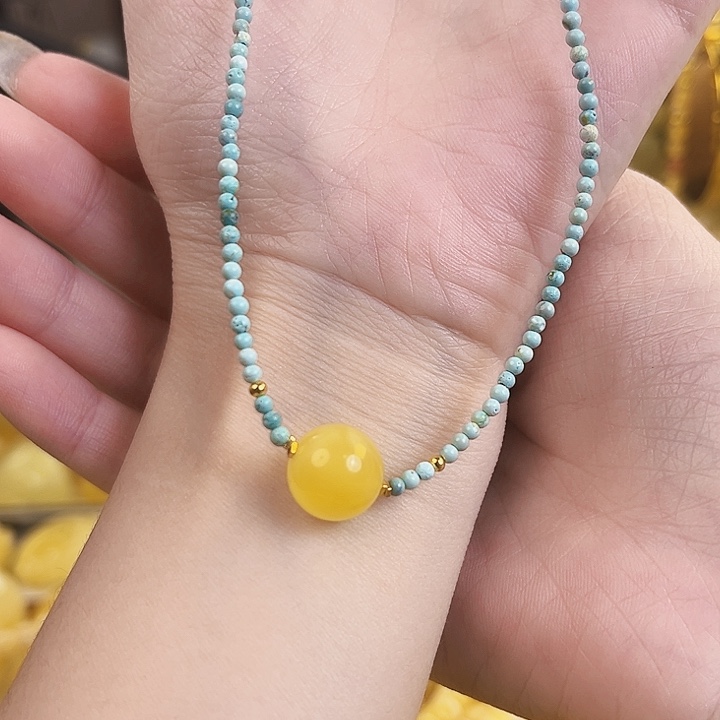 未镶嵌琥珀裸石绿松蜜蜡圆珠锁骨链