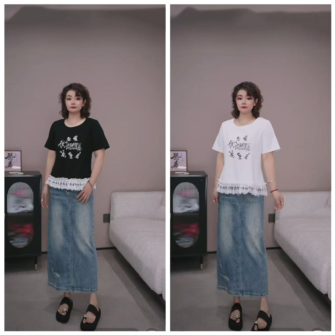 品牌【蕾丝边下摆涂鸦短袖T恤】PQD 5026【No退换】瑕疵品