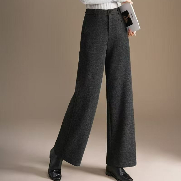 2025冬款灰色高腰弹力休闲裤宽松显瘦加厚加绒阔腿长裤9595