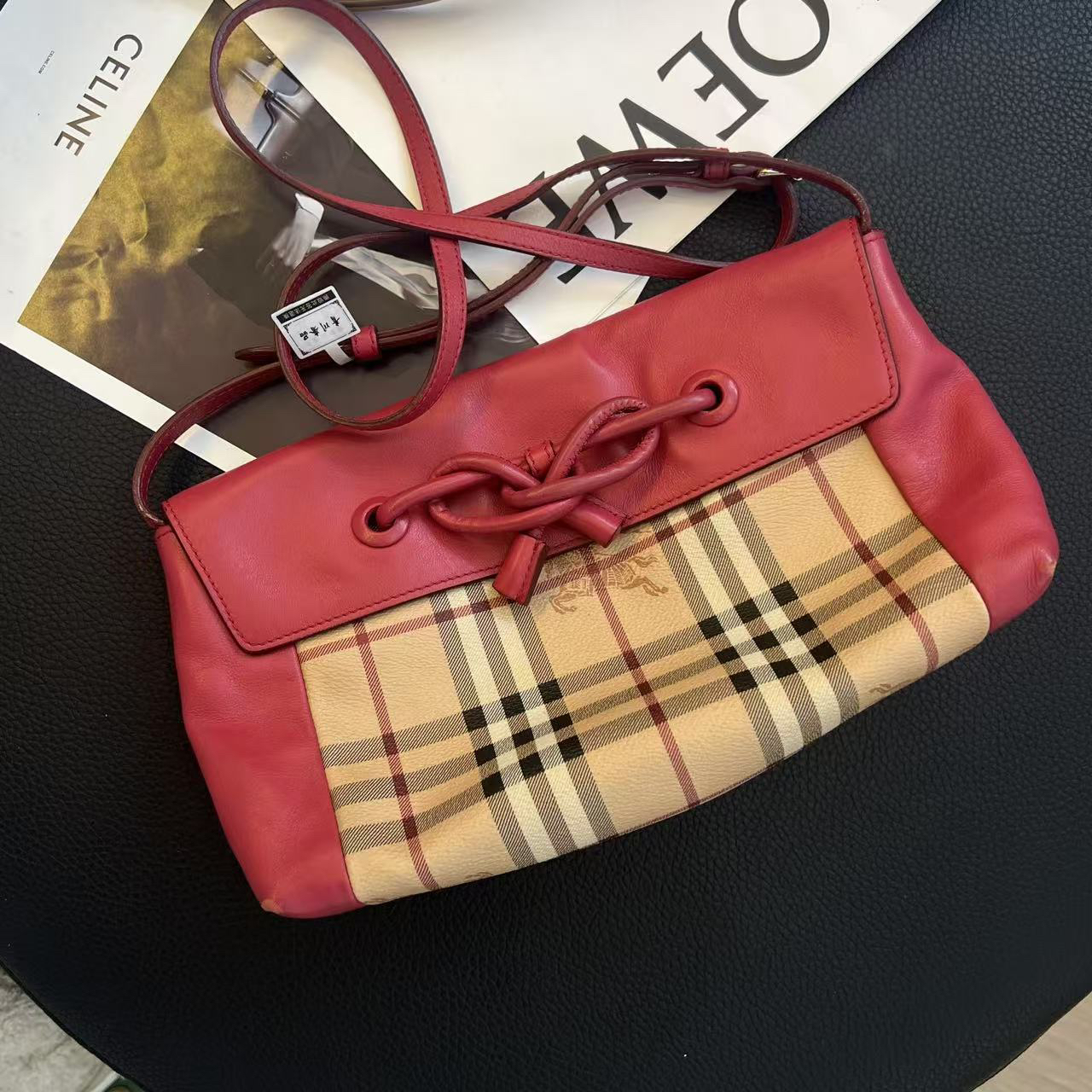 95新 BURBERRY/博柏利 大麦中古/巴宝利红色拼格纹斜挎包/