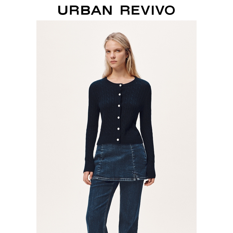 UR2026春季新款女装学院风绞花肌理纽扣针织开衫UYL950252