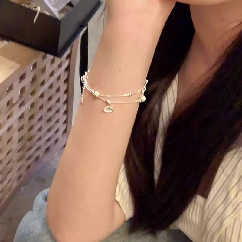 925纯银双层叠戴银杏叶手链女款轻奢小众精致饰品
