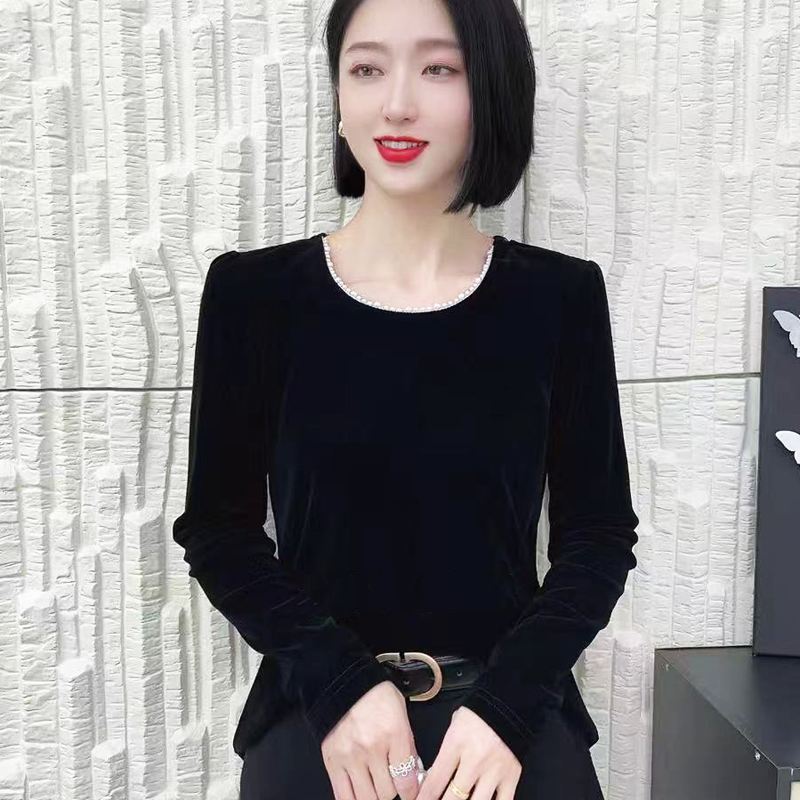 欧货重工丝绒t恤早秋新款高级感内搭长袖打底衫蕾丝美背外穿小衫