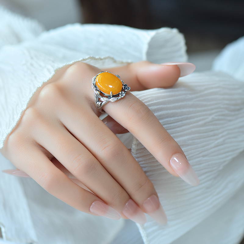 s925银镶嵌蜜蜡花环戒指