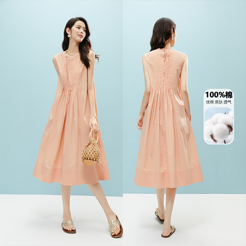 晚白【新品】2025夏裙子大码显瘦又显年轻的捏褶无袖连衣裙25033125