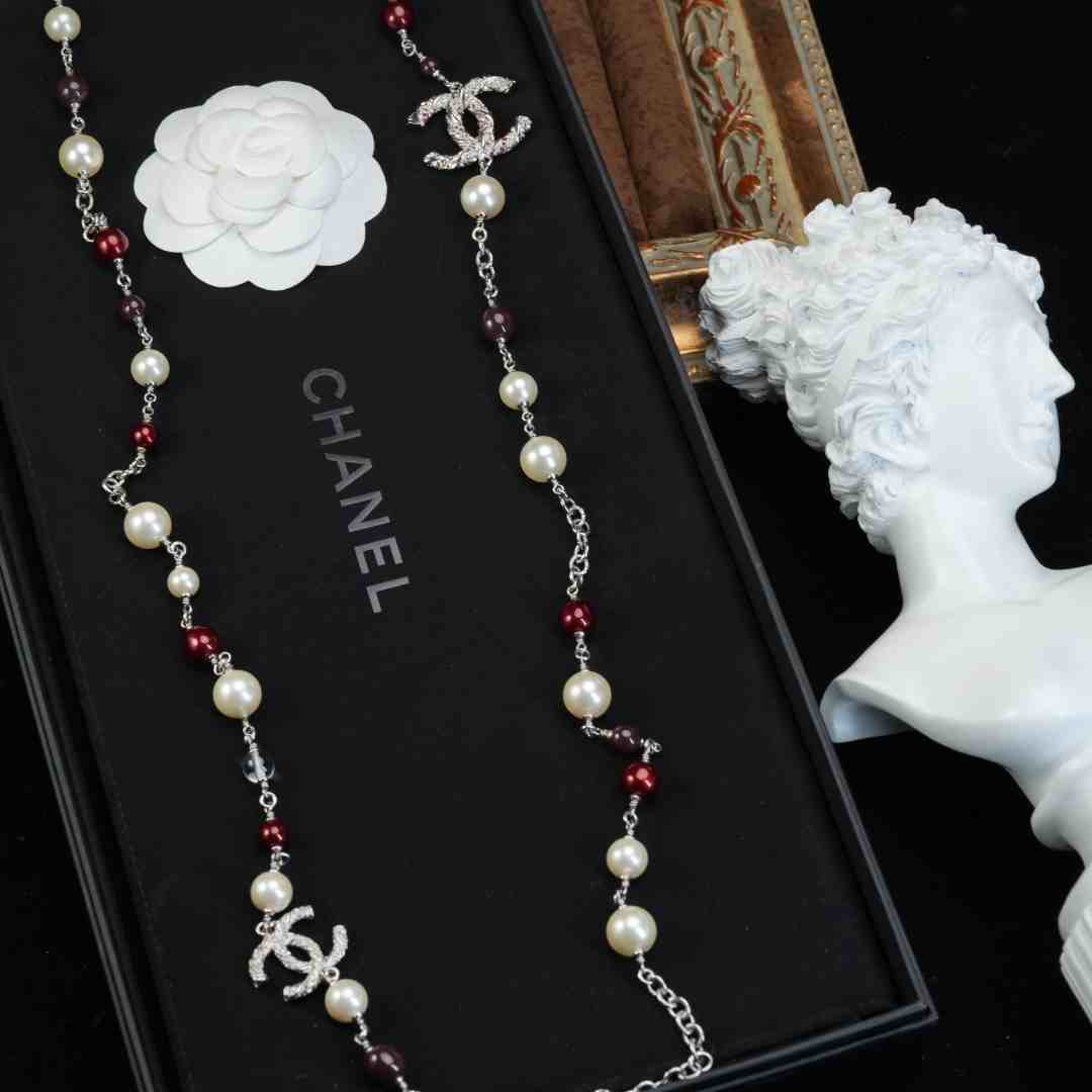 95新 Chanel/香奈儿 柚礼/香奈儿红白珍珠双c项链LL511204