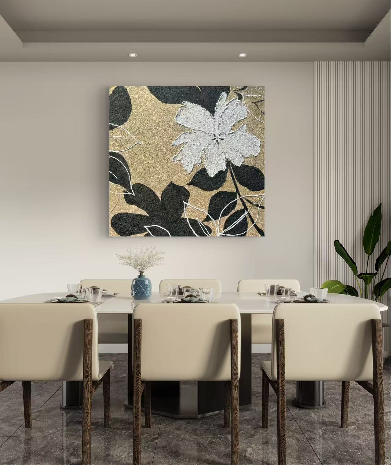 《金韵花开》油画布纯手绘餐厅卧室挂画轻奢金箔花卉画高级感装饰画