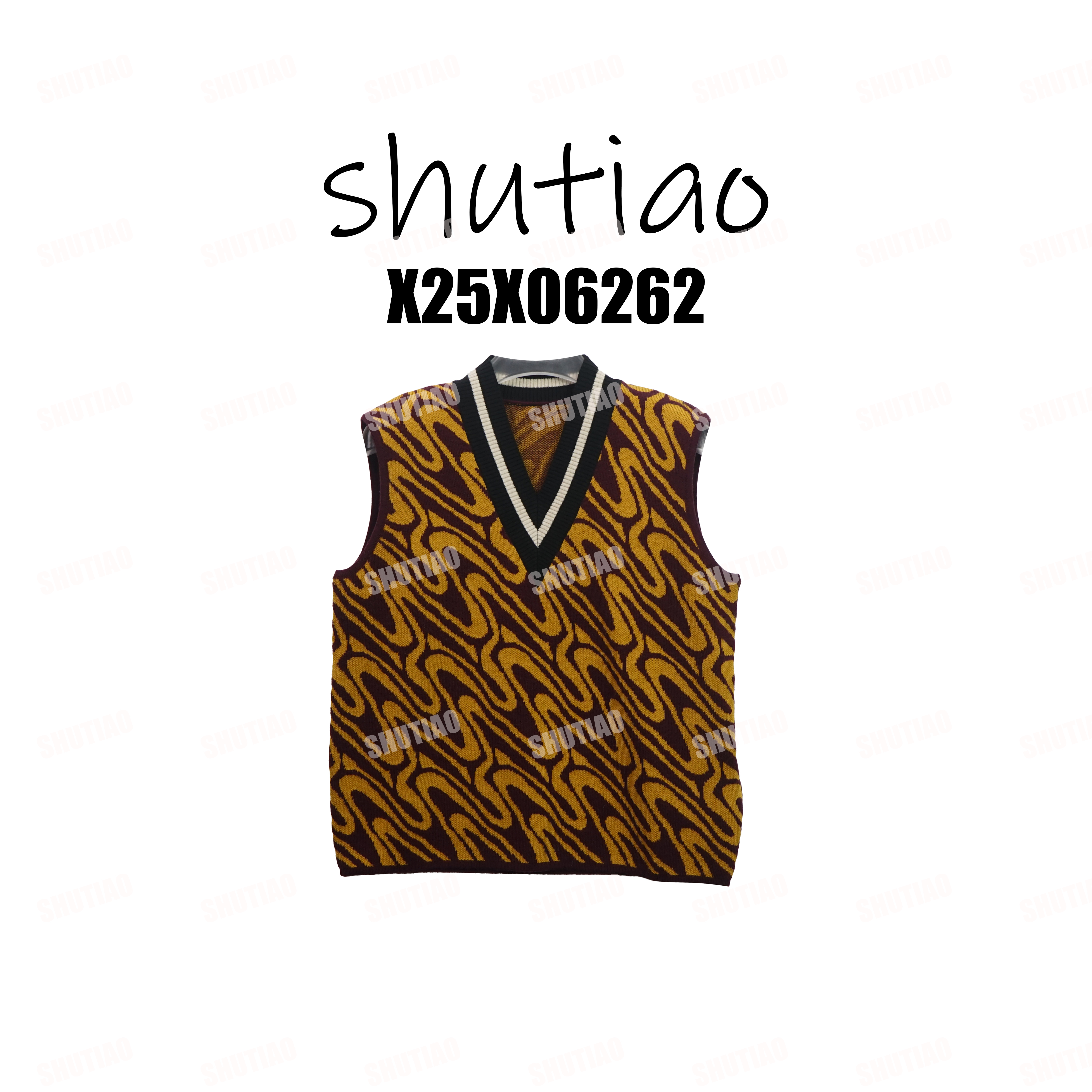 【SHUTIAO】2025冬季：复古波浪纹V领混纺绵羊毛针织背心X25X06262
