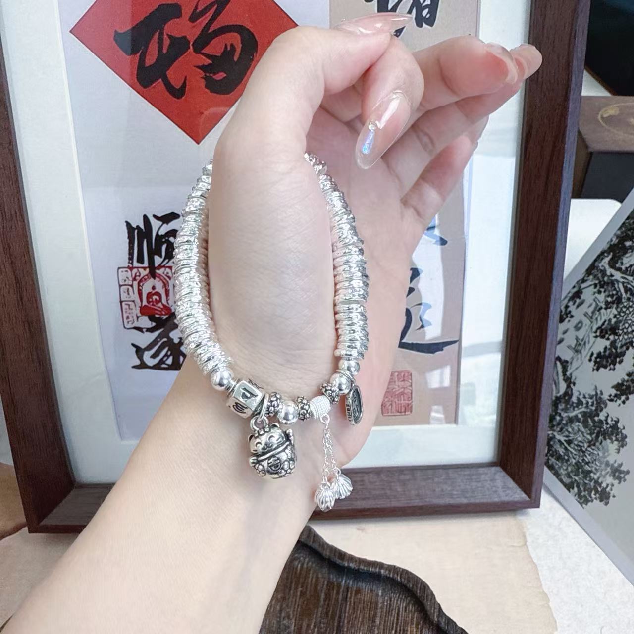 足银手链 足银手链 亮亮闪闪碎银几两招财猫盘缠弹力绳百搭手链